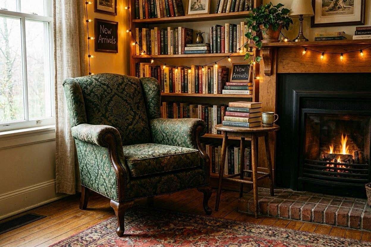 A cozy reading nook in an independent bookstore, a brocaded armchair beside a small gas fireplace, stacks of books on a side table