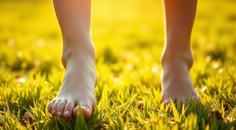Healthy feet walking barefoot on green grass, symbolizing natural wellness