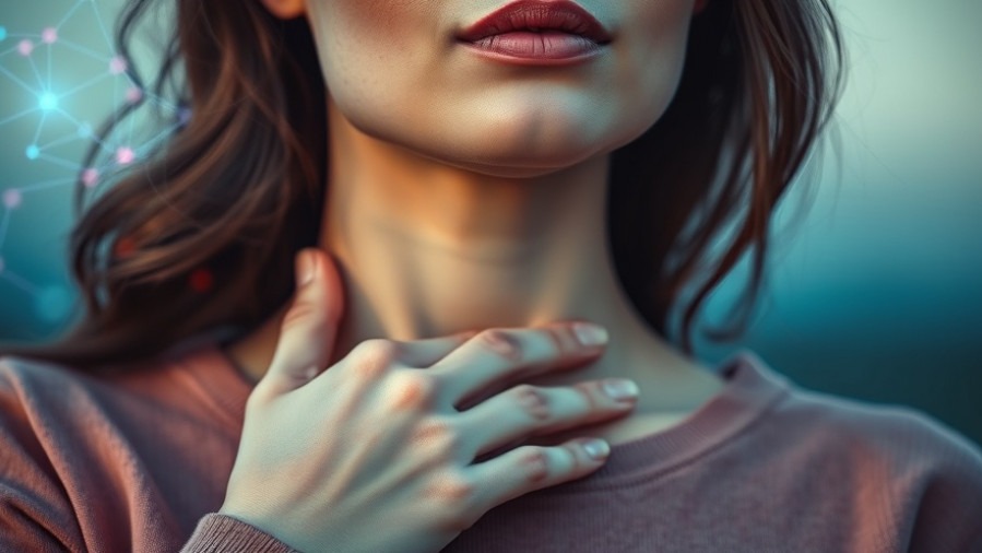 Thoughtful woman practicing stress management, hands on chest, glowing neural network.