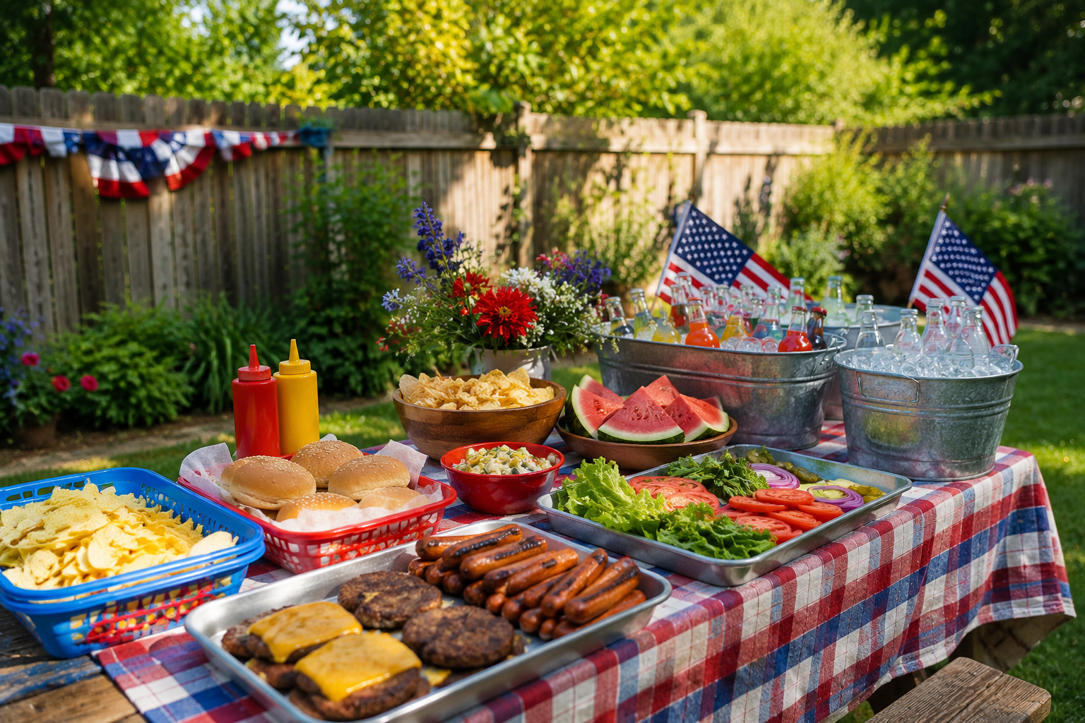 Patriotic summer backyard barbecue spread
