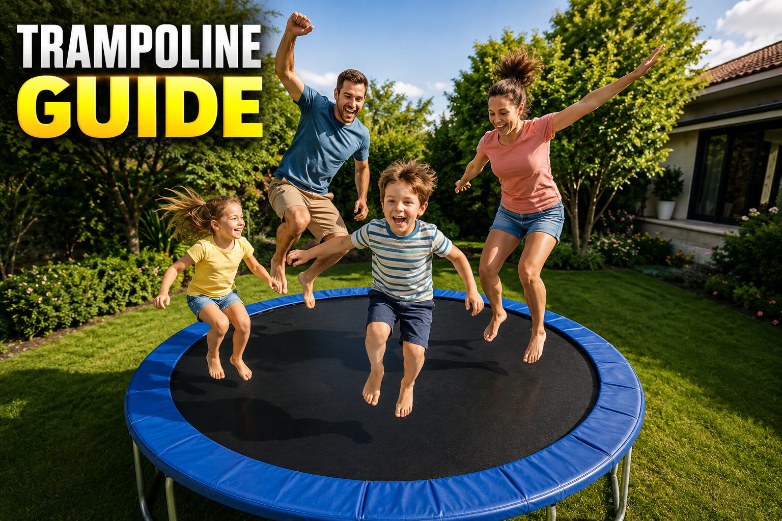Smiling family jumping on a trampoline, bright afternoon light and lush garden.