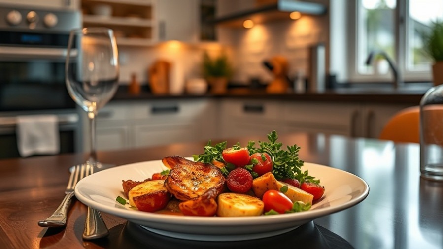 Beautifully plated healthy dinner in a modern kitchen with warm lighting.