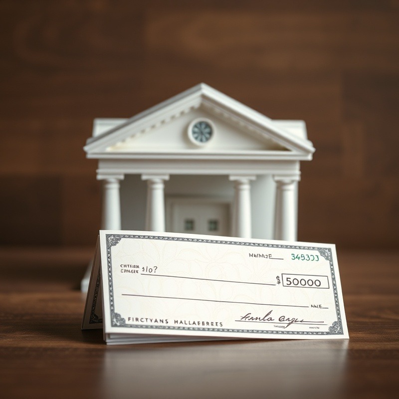 A bank check with bank behind it