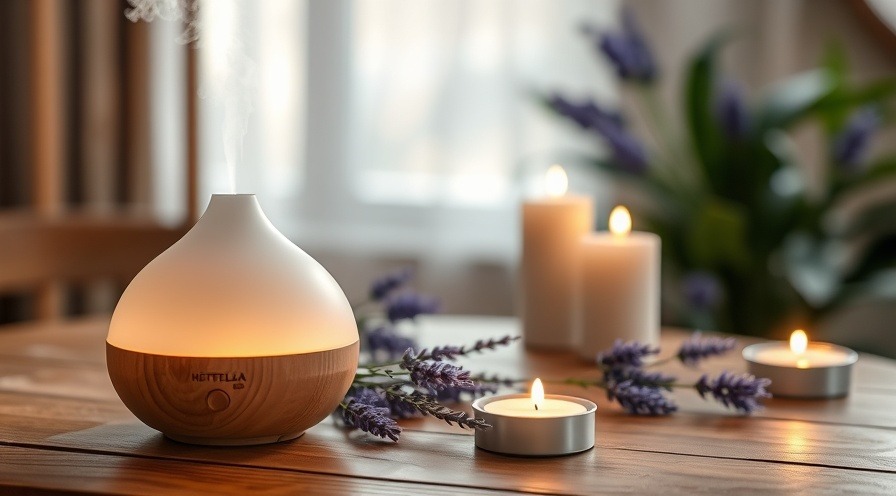 Calming spa scene with diffuser, lavender, and candles in soft natural light