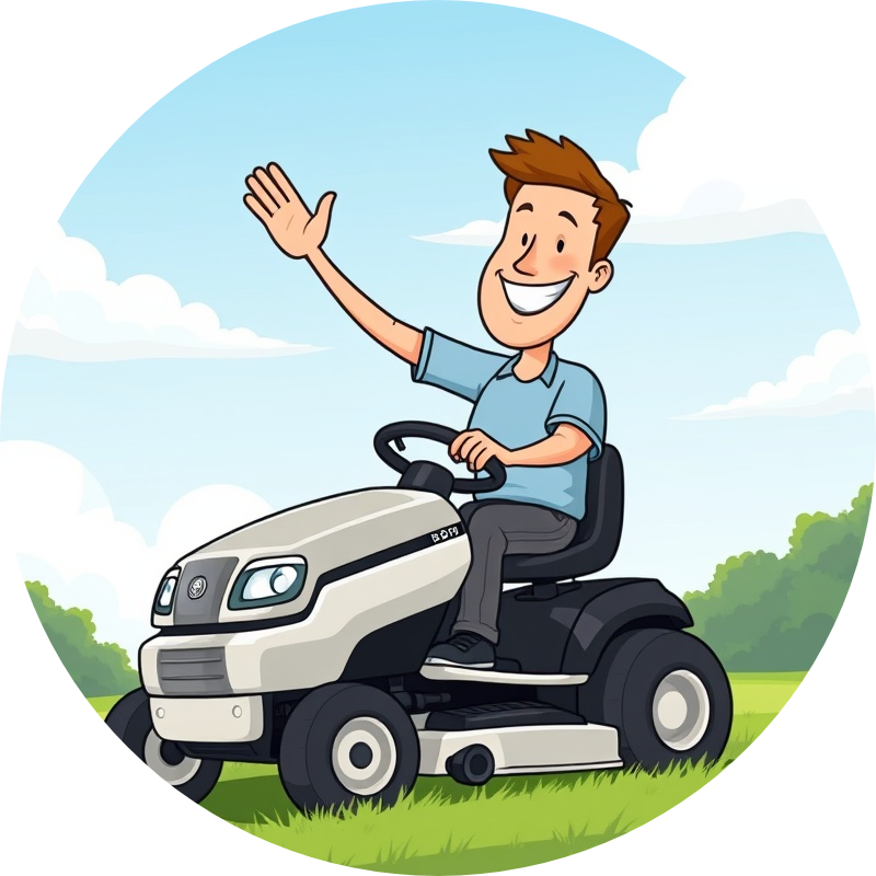 Smiling 42-year-old man riding a commercial lawn mower in NC, cartoon logo style.