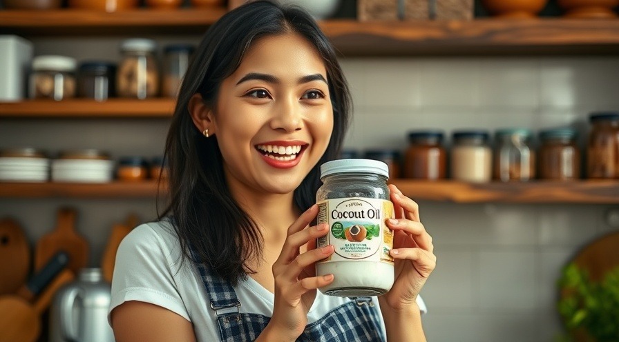 woman holding coconut oil jar, promoting natural teeth whitening.