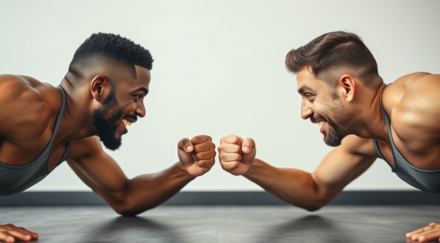 Two male friends engage in a friendly push-up contest.