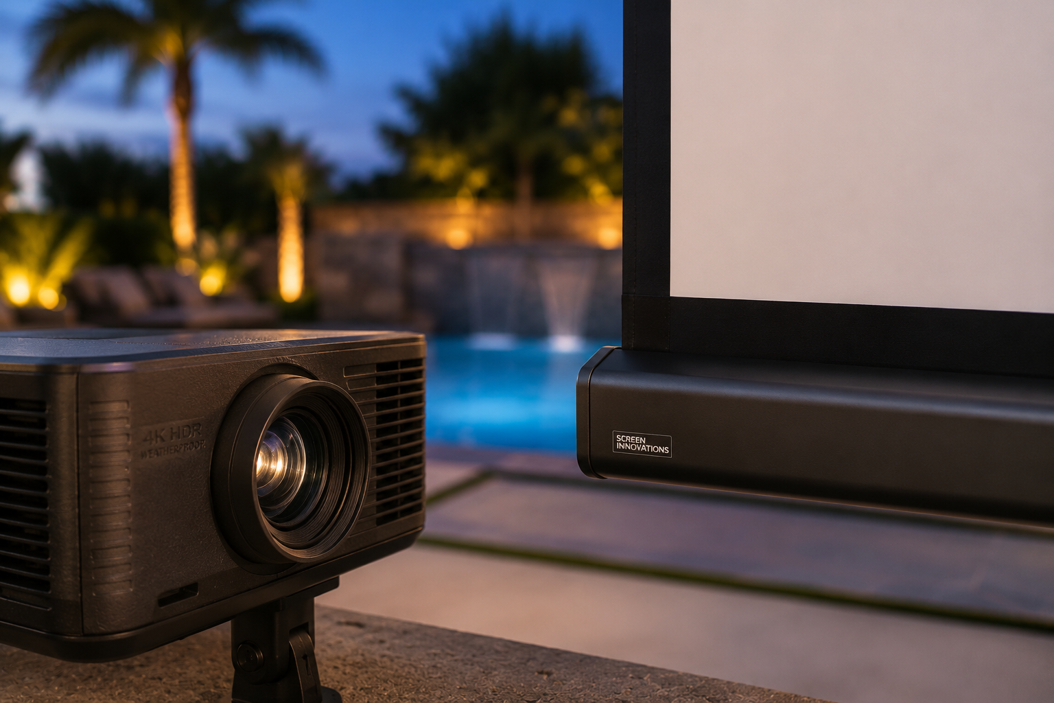 Outdoor cinema setup at twilight
