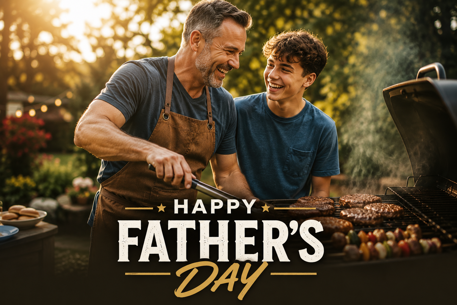 Father and son grilling together