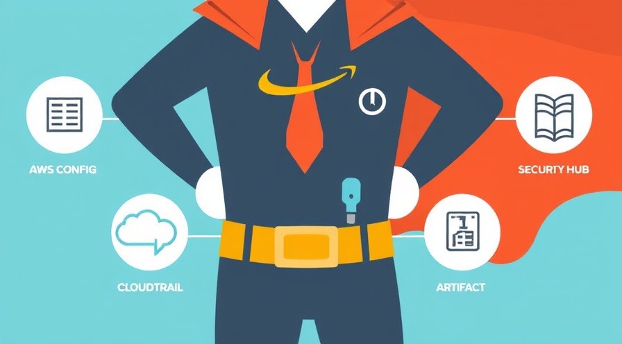 Infographic showing AWS Config, CloudTrail, Security Hub, and Artifact in a superhero utility belt.