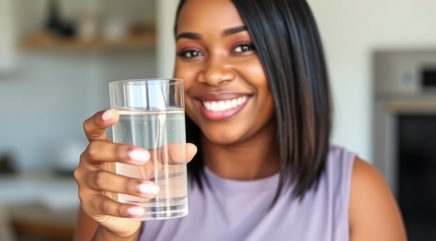 woman smiling with a glass of cool water, showcasing natural beauty.