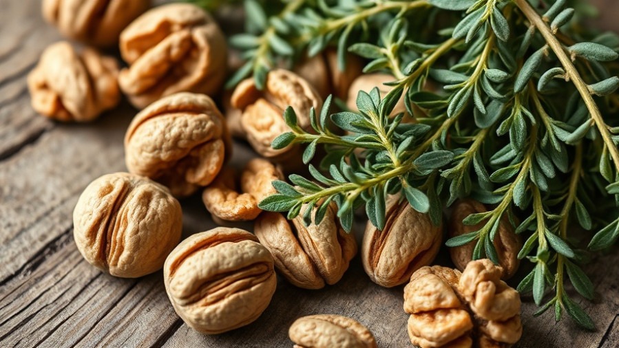 Close-up of walnut and oregano, promoting digestive health and wellness.