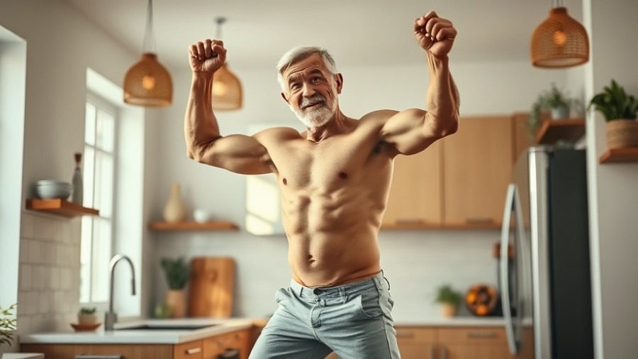 Fit 55-year-old man demonstrating senior mobility fitness in a bright kitchen