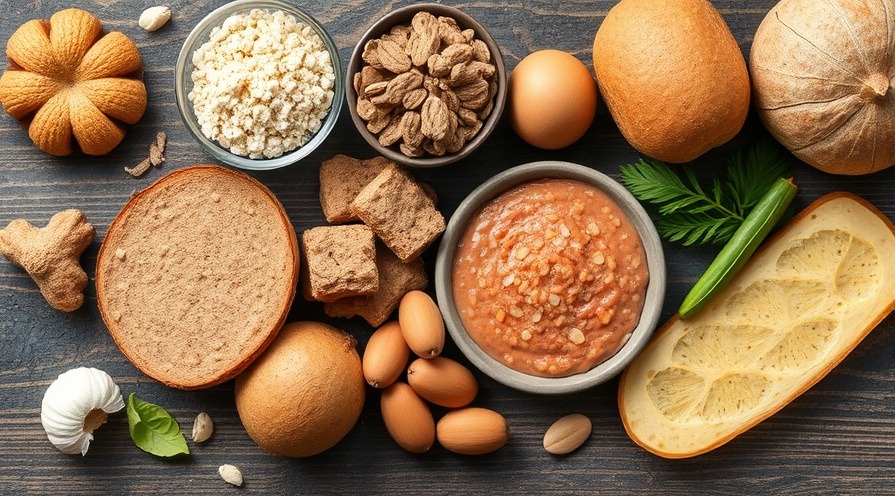Assorted gluten-containing products displayed on a table.