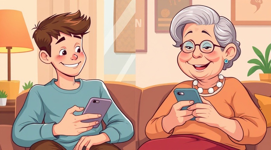 Whimsical caricature of a young man texting his grandma, warm colors and playful vibe.