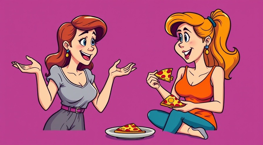 Humorous cartoon of two women discussing healthy night snacks and protein shake benefits.