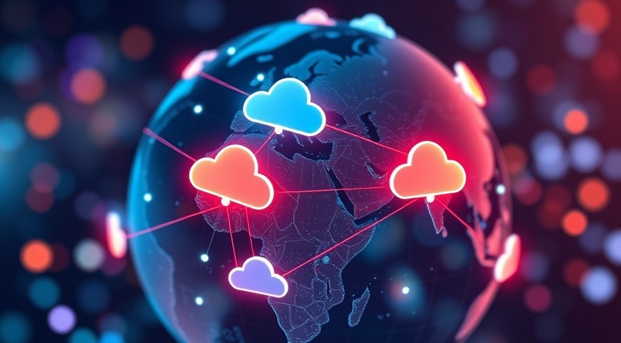 Futuristic 3D digital globe with connected cloud icons, showcasing global infrastructure.