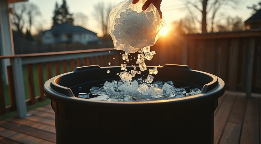Cinematic shot of a black rubber stock tank filled with ice cubes under golden hour light.
