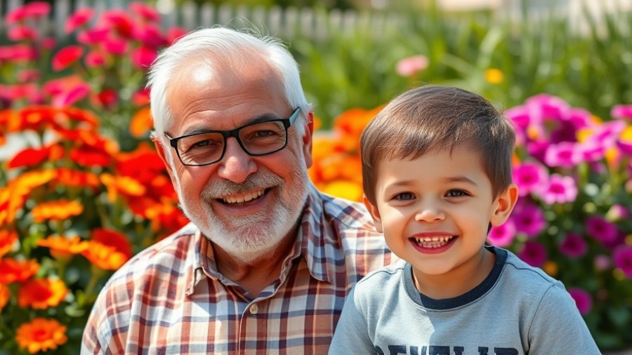 Senior citizen exercises with grandson outdoors in a vibrant garden.