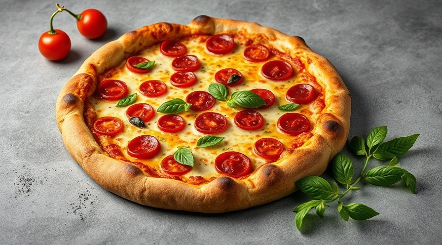 Photorealistic large pizza with vibrant toppings and melted cheese.