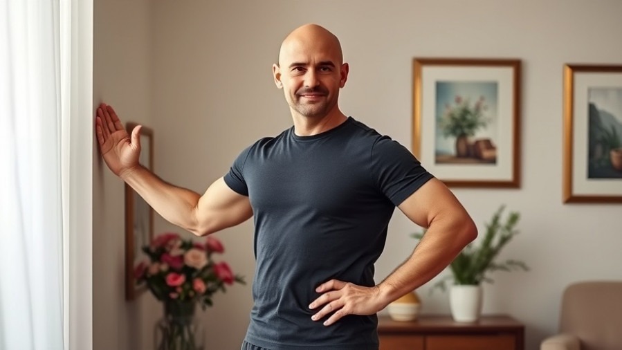 Bald man demonstrating wall move stretching exercises for foot health and ankle tension.
