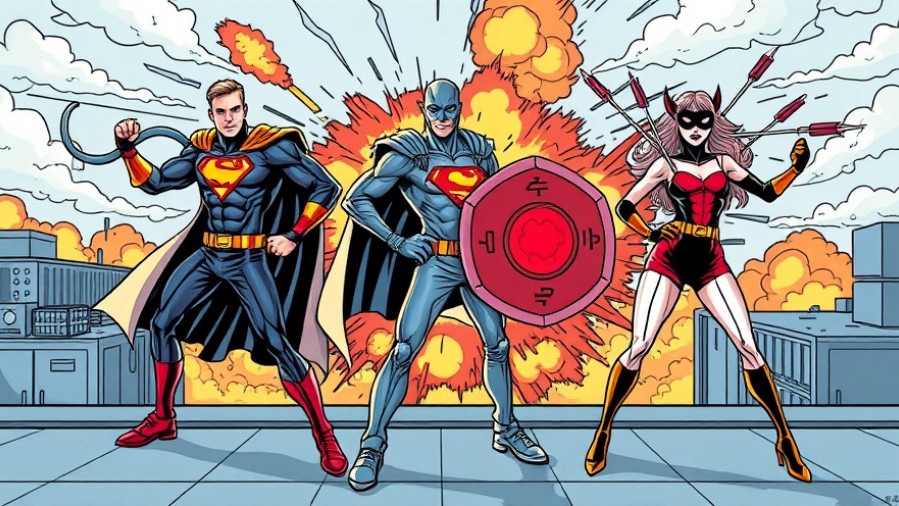 Comic book superheroes Captain Failover, Load Balancer, and Backup Girl on a rooftop with a data center explosion.
