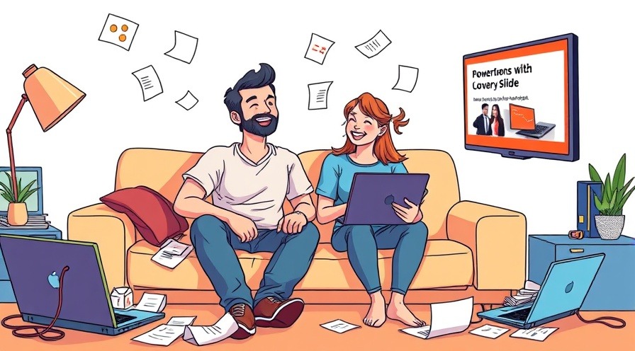 Couple laughing on a couch amid messy papers and laptops in a playful illustration.