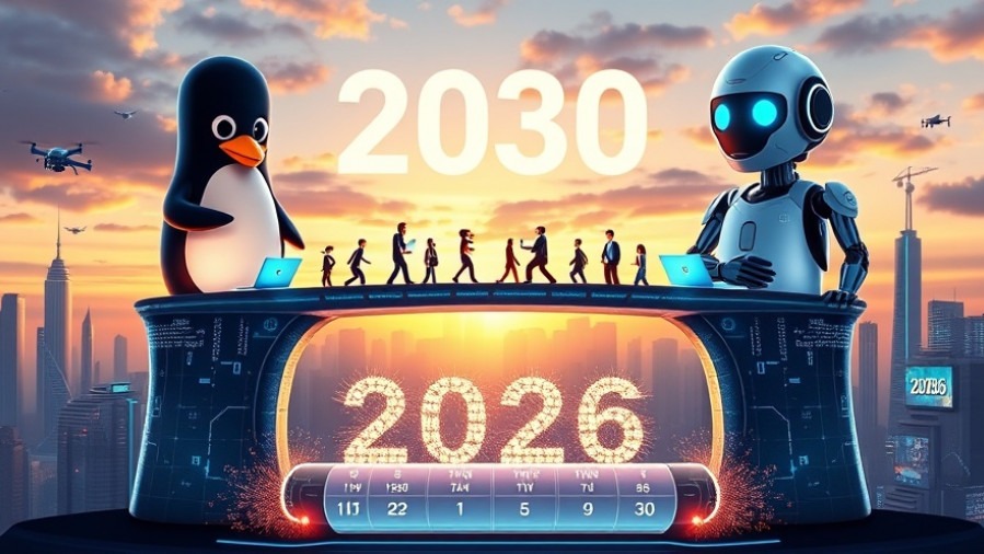 3D Pixar-style scene of Linux penguin and AI robot pillars supporting a tech bridge toward 2030.