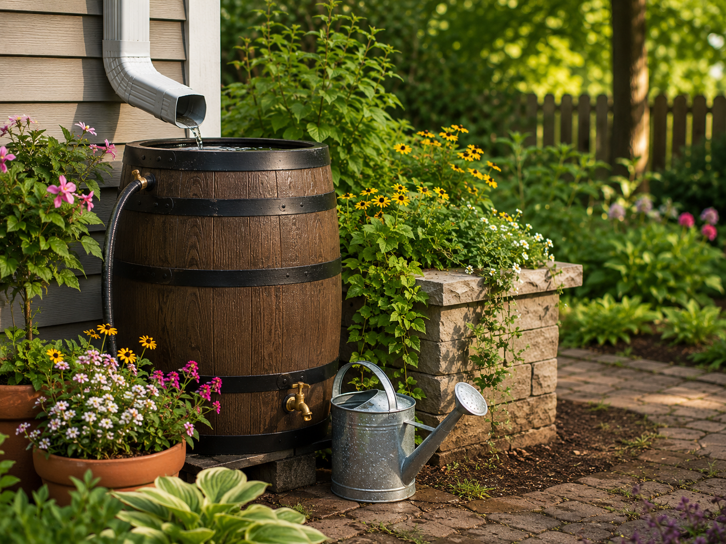 Cozy garden corner with backyard rain barrel