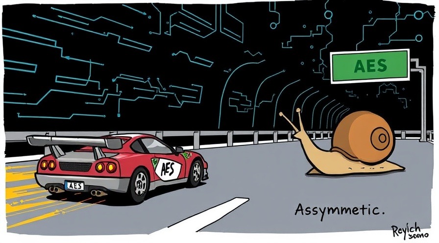 Racecar 'AES' speeds by snail 'Asymmetric' on tech highway, illustrating encryption speed.