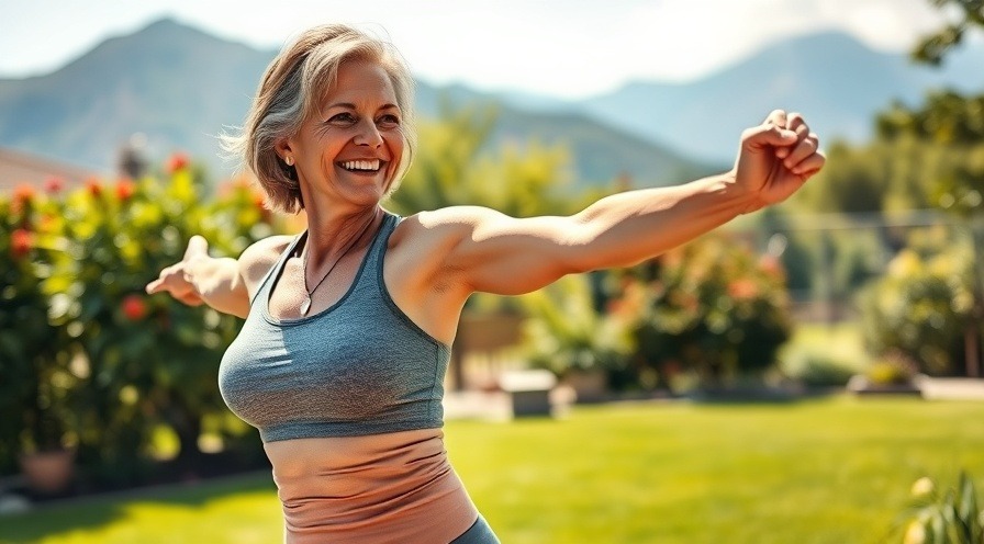 Active woman practicing arthritis exercises for mobility improvement in a sunny garden.