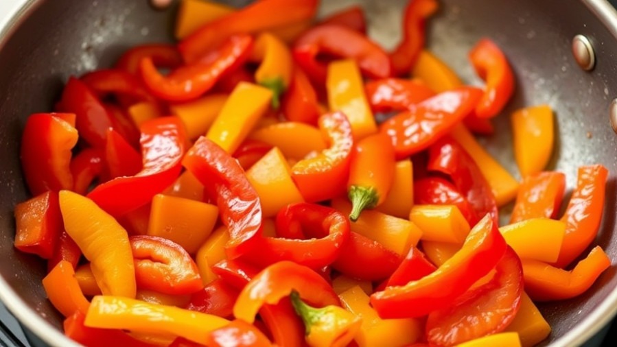 Colorful sautéed fresh sweet peppers in red, orange, and yellow in a pan.