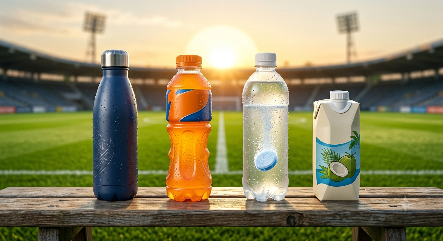 Photorealistic scene of a water bottle, sports drink, electrolyte tablet, and coconut water on a soccer bench.