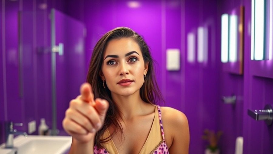 Confident woman pointing in a vibrant bathroom, representing holistic health tips for natural detox.