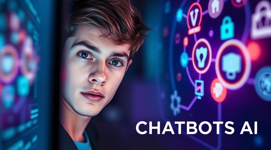 Young adult male engaging with a glowing AI-themed hologram in neon blues.