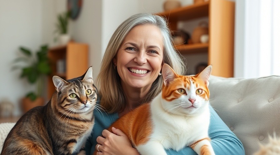 Smiling woman at home with her 2 cats.