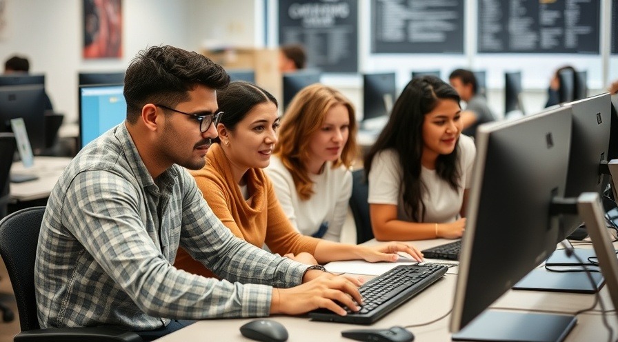 Adult students collaborating on a project in a computer lab.