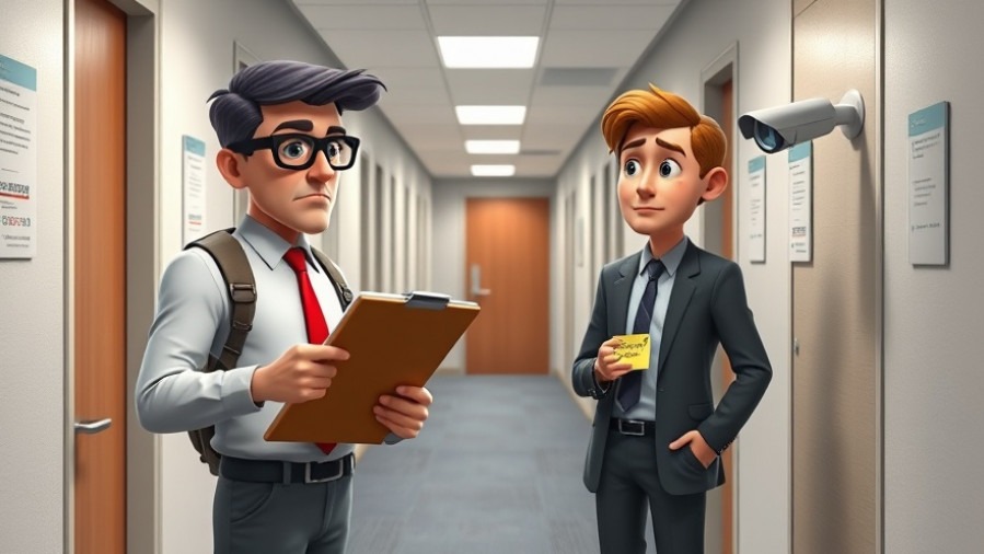 Stylized office hallway scene of a cybercriminal tricking an employee for a password.