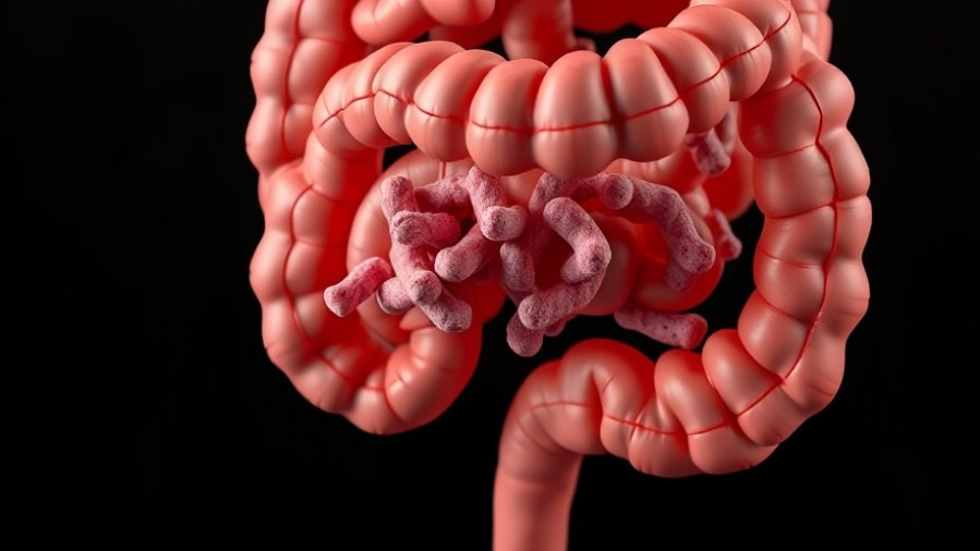 3D illustration of intestines displaying SIBO symptoms and gut microbiome details.