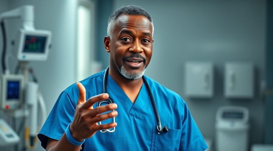 Middle-aged doctor in scrubs discussing with patients, showing doctors' suggestions.