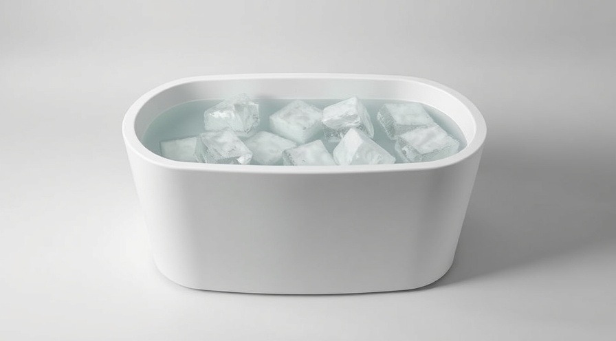 Modern white insulated tub with clear water and ice blocks, minimalist product photography.