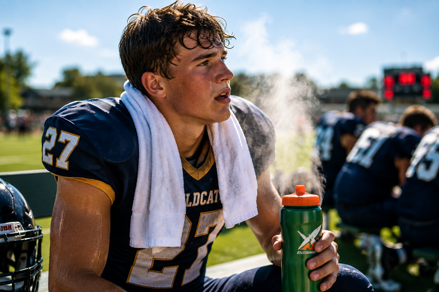 Sweaty Football player with cooling towel
