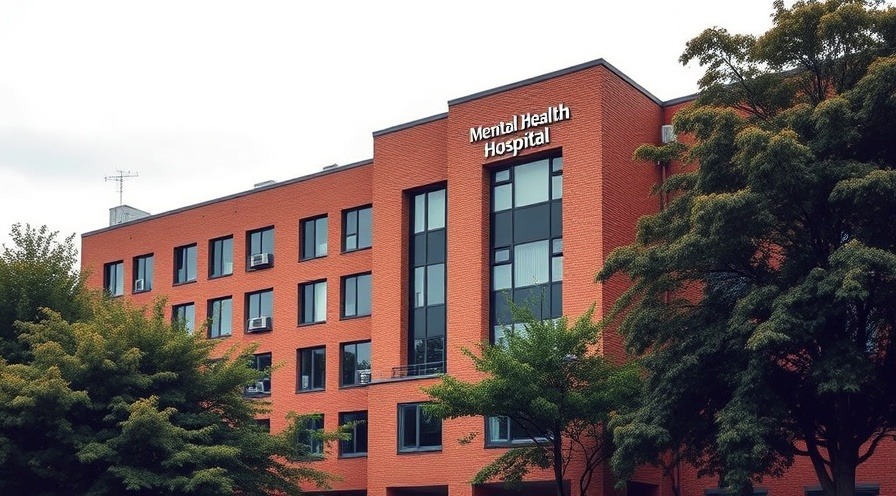 Photorealistic mental health hospital building emphasizing patient care and healthcare safety.