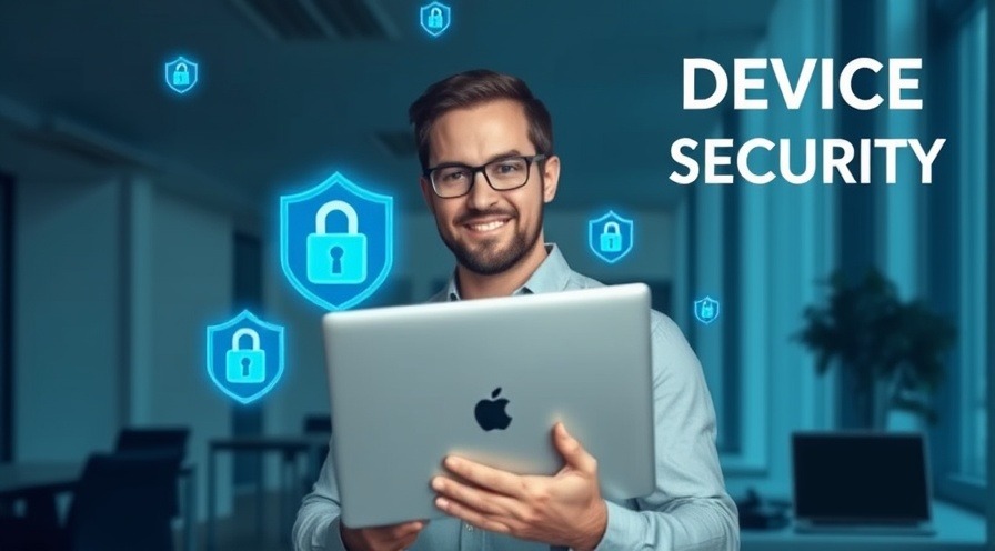 Confident IT professional with laptop, showcasing device security in a soft-lit office.