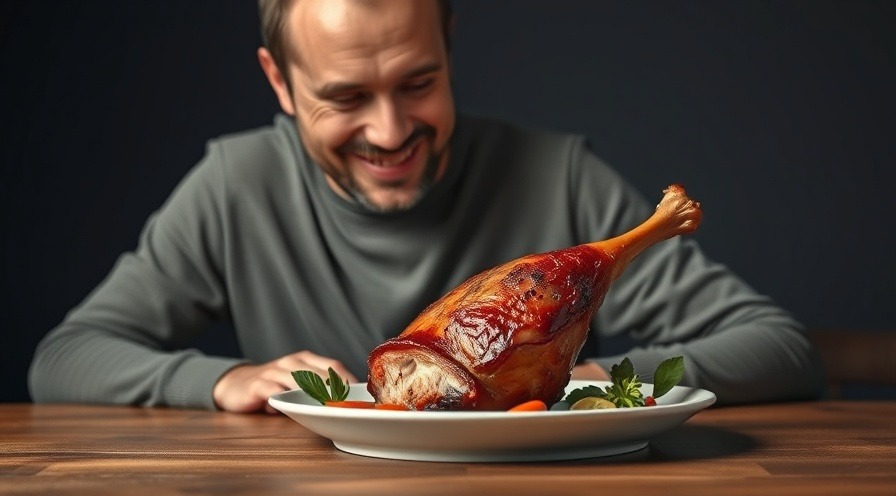 Man enjoying a roasted duck leg, highlighting the nutritional benefits of duck.