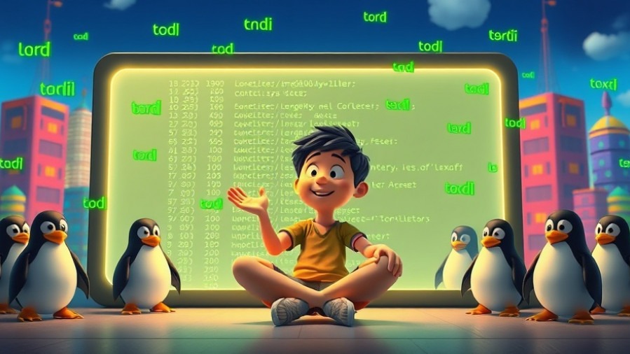 3D Pixar style cartoon of a cheerful character in a glowing terminal, with friendly Linux penguins.