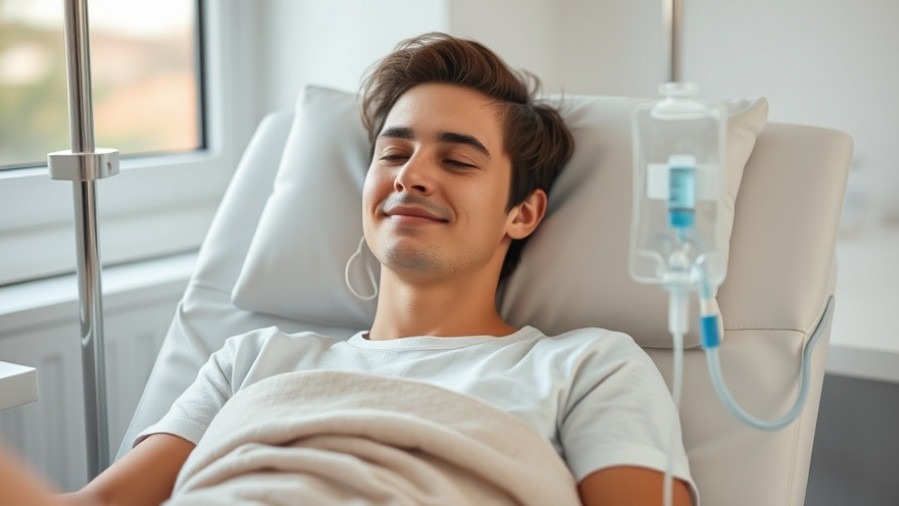 Calm person rejuvenating with IV drip in a modern clinic setting.