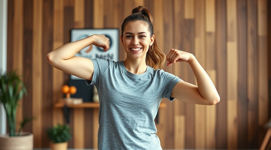 Energetic woman demonstrating gentle stomping exercise for bone health indoors.