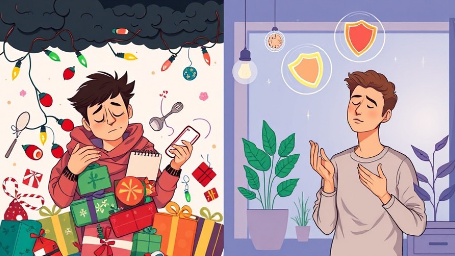 Split-screen illustration: stressed person in chaos vs. calm person meditating, highlighting wellness.