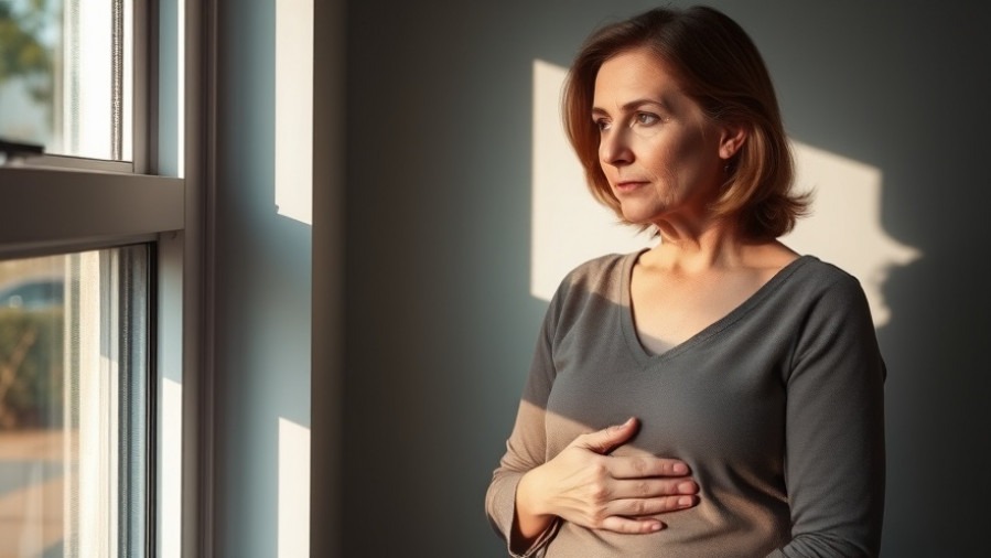 Thoughtful woman in her 40s reflecting on menopause symptoms by a window.